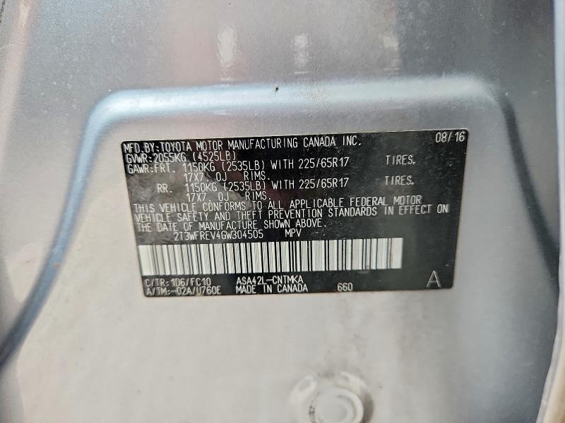 60805766 :رقم المزاد ، 2T3WFREV4GW304505 vin ، 2016 Toyota Rav4 مزاد بيع