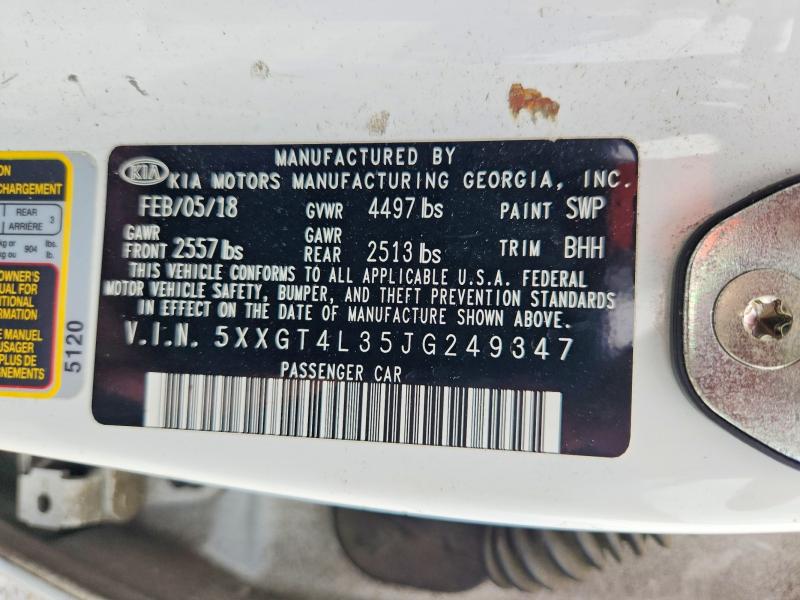 2018 Kia Optima მანქანა იყიდება აუქციონზე, vin: 5XXGT4L35JG249347, აუქციონის ნომერი: 62956346