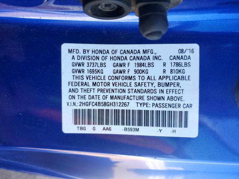 Продаж на аукціоні авто 2016 Honda Civic, vin: 2HGFC4B58GH312267, номер лоту: 62444896