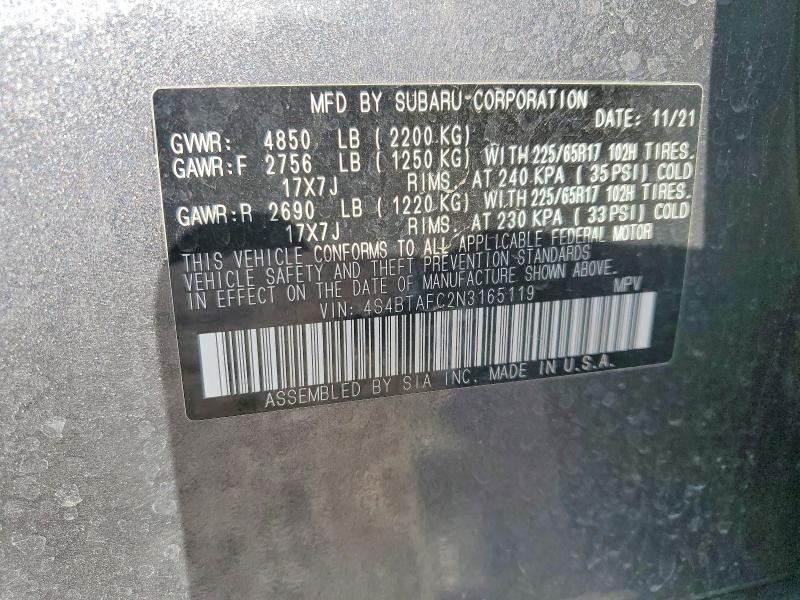 Продажа на аукционе авто 2022 Subaru Outback, vin: 4S4BTAFC2N3165119, номер лота: 59709486