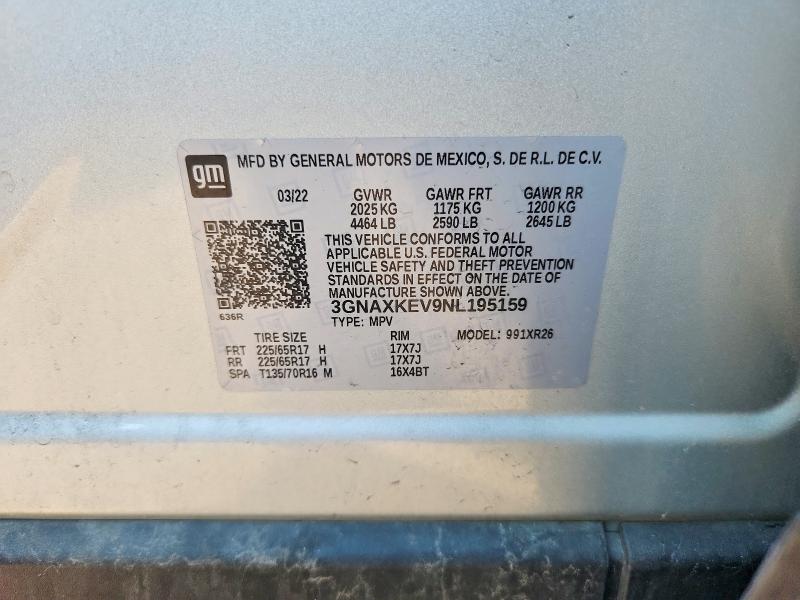 2022 Chevrolet Equinox მანქანა იყიდება აუქციონზე, vin: 3GNAXKEV9NL195159, აუქციონის ნომერი: 60912926