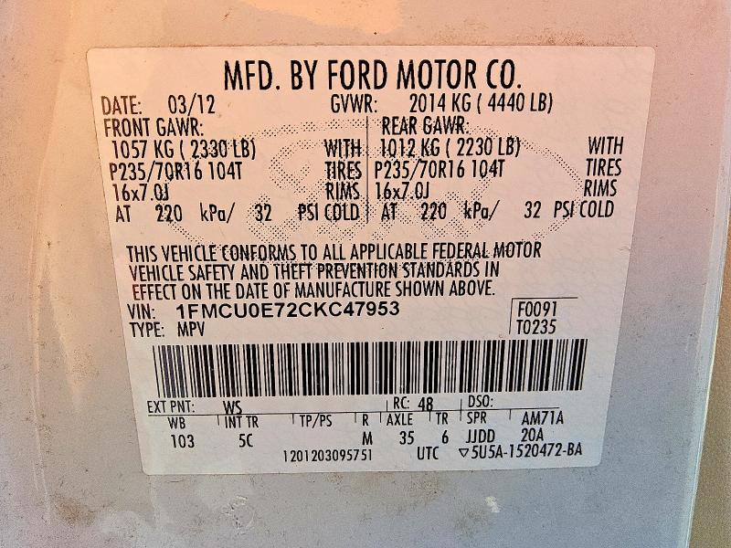 Aukcja sprzedaży 2012 Ford Escape, vin: 1FMCU0E72CKC47953, numer aukcji: 59194286