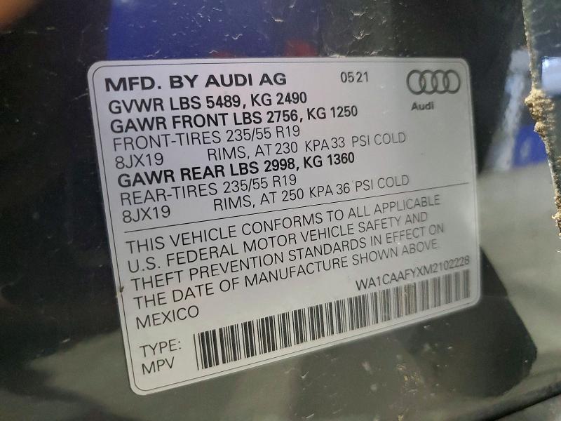 2021 Audi Q5 მანქანა იყიდება აუქციონზე, vin: WA1CAAFYXM2102228, აუქციონის ნომერი: 60704146
