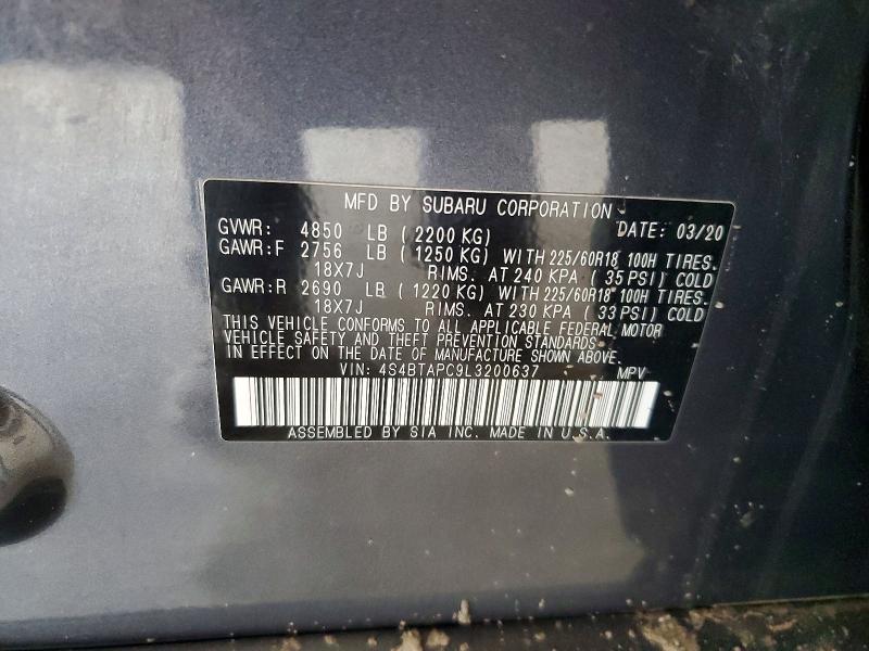 2020 Subaru Outback მანქანა იყიდება აუქციონზე, vin: 4S4BTAPC9L3200637, აუქციონის ნომერი: 59283026