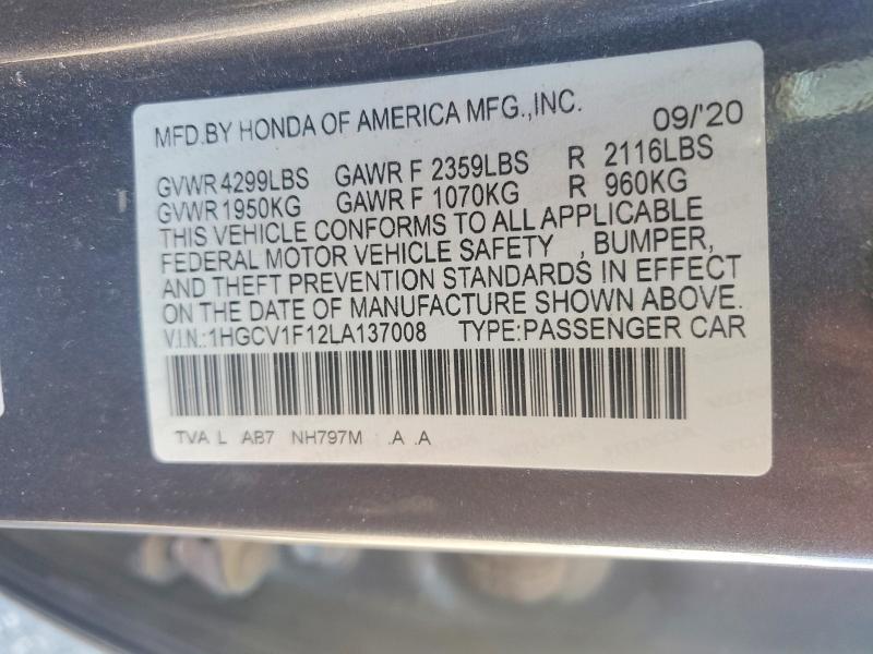 Aukcja sprzedaży 2020 Honda Accord, vin: 1HGCV1F12LA137008, numer aukcji: 51999706