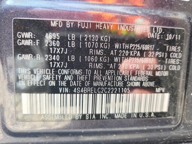 59849626 :رقم المزاد ، 4S4BRELC2C2221105 vin ، 2012 Subaru Outback مزاد بيع