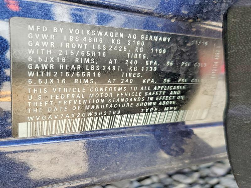 63049836 :رقم المزاد ، WVGAV7AX2GW562169 vin ، 2016 Volkswagen Tiguan مزاد بيع