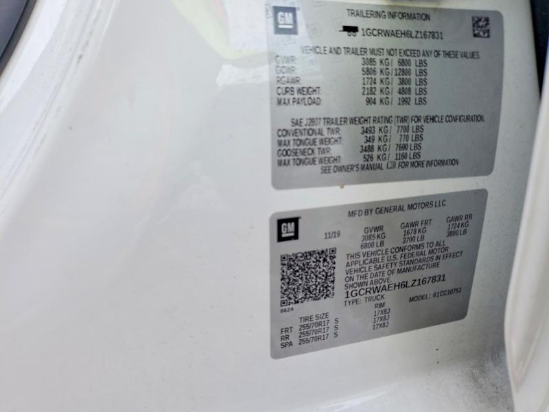 Aukcja sprzedaży 2020 Chevrolet Silverado, vin: 1GCRWAEH6LZ167831, numer aukcji: 60948286