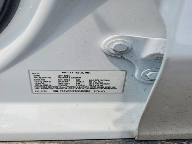 62300156 :رقم المزاد ، 7SAYGDEF6NF438360 vin ، 2022 Tesla Model Y مزاد بيع