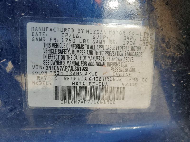 Продаж на аукціоні авто 2018 Nissan Versa, vin: 3N1CN7AP7JL861928, номер лоту: 59643596