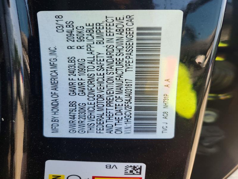 Продаж на аукціоні авто 2018 Honda Accord, vin: 1HGCV2F54JA031617, номер лоту: 60987196