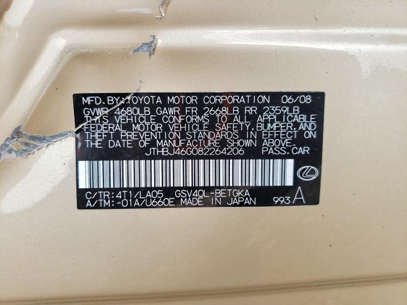 61817666 :رقم المزاد ، JTHBJ46G082264206 vin ، 2008 Lexus Es مزاد بيع