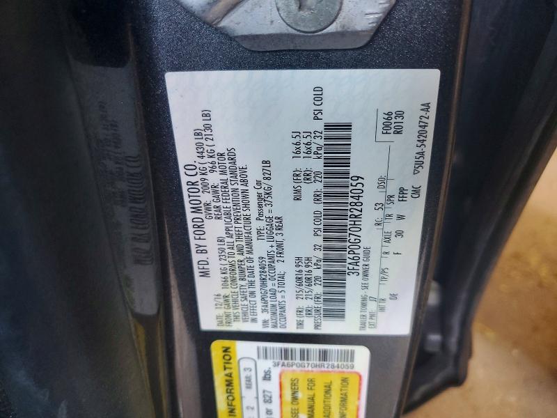 59857926 :رقم المزاد ، 3FA6P0G70HR284059 vin ، 2017 Ford Fusion مزاد بيع