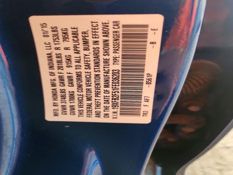 Auction sale of the 2015 Honda Civic, vin: 19XFB2F51FE036203, lot number: 59764346