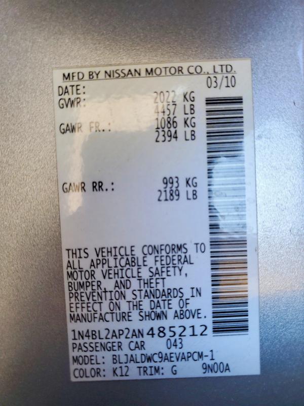 Продажа на аукционе авто 2010 Nissan Altima, vin: 1N4BL2AP2AN485212, номер лота: 59918276