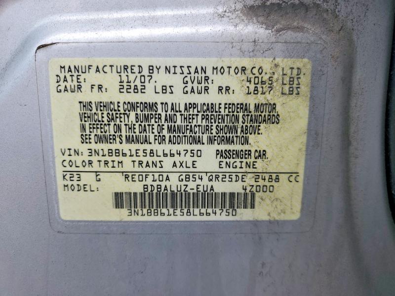 Продажа на аукционе авто 2008 Nissan Sentra, vin: 3N1BB61E58L664750, номер лота: 62991496