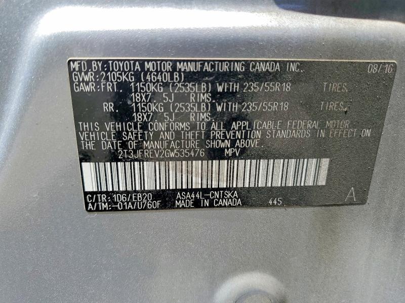 Auction sale of the 2016 Toyota Rav4, vin: 2T3JFREV2GW535476, lot number: 62705266