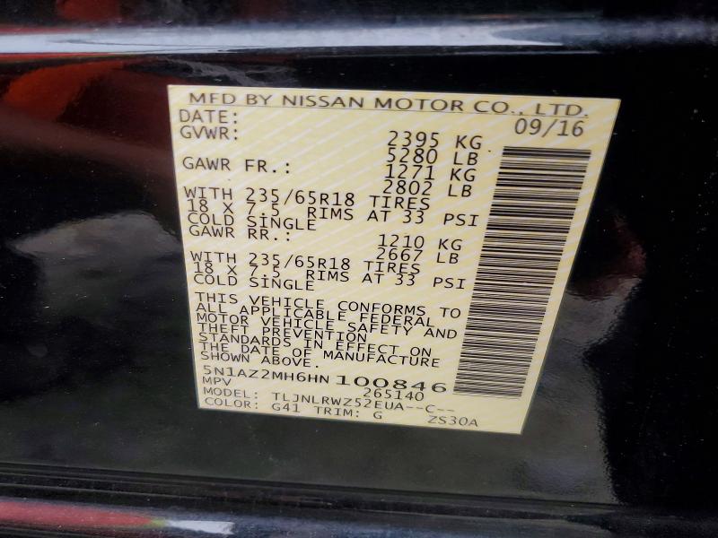 2017 Nissan Murano მანქანა იყიდება აუქციონზე, vin: 5N1AZ2MH6HN100846, აუქციონის ნომერი: 61067656