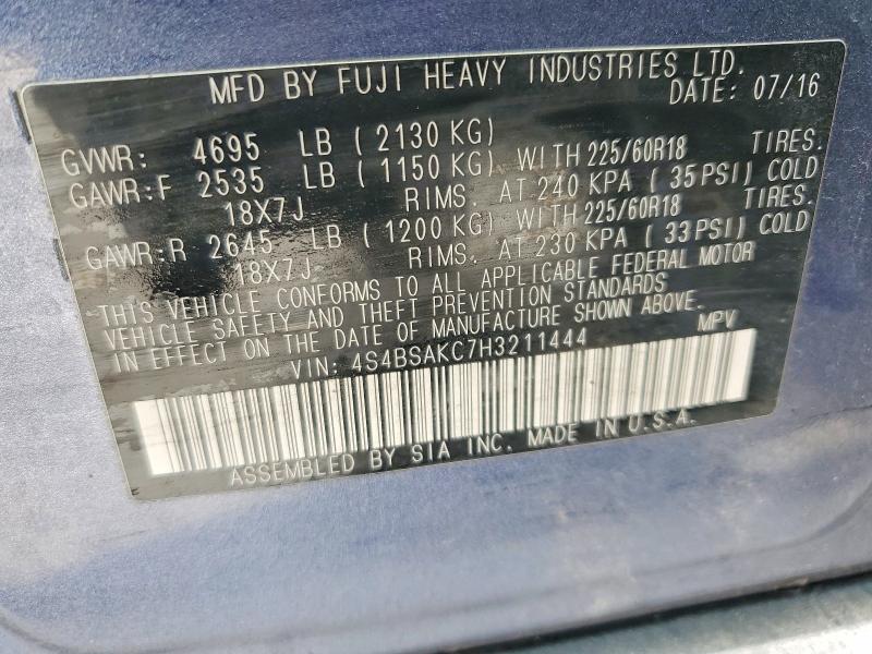 60886906 :رقم المزاد ، 4S4BSAKC7H3211444 vin ، 2017 Subaru Outback مزاد بيع