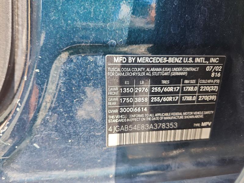 59258866 :رقم المزاد ، 4JGAB54E83A378353 vin ، 2003 Mercedes-benz Ml مزاد بيع