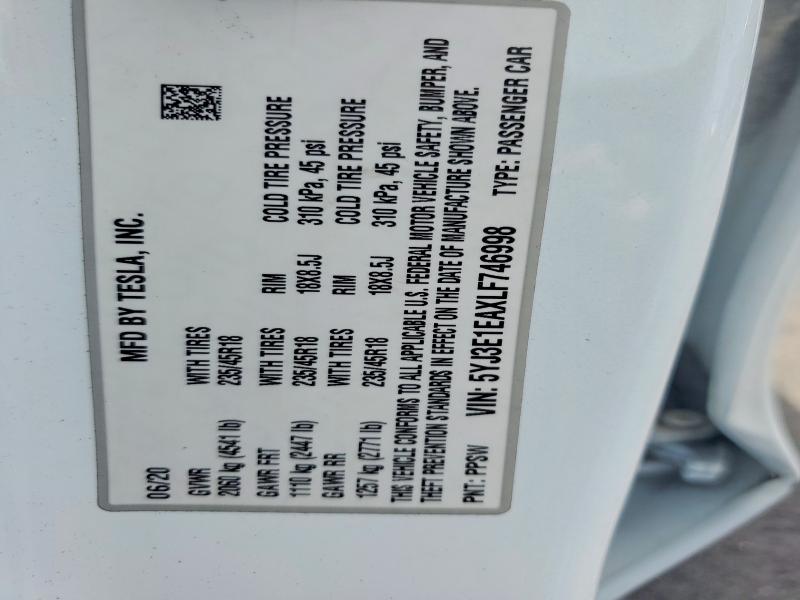 Продажа на аукционе авто 2020 Tesla Model 3, vin: 5YJ3E1EAXLF746998, номер лота: 59822066
