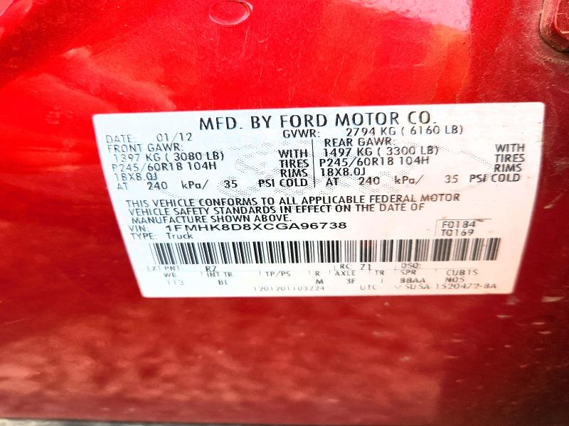 2012 Ford Explorer მანქანა იყიდება აუქციონზე, vin: 1FMHK8D8XCGA96738, აუქციონის ნომერი: 61617256