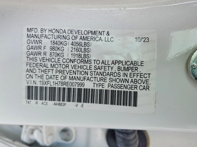63015156 :رقم المزاد ، 19XFL1H78RE007999 vin ، 2024 Honda Civic مزاد بيع