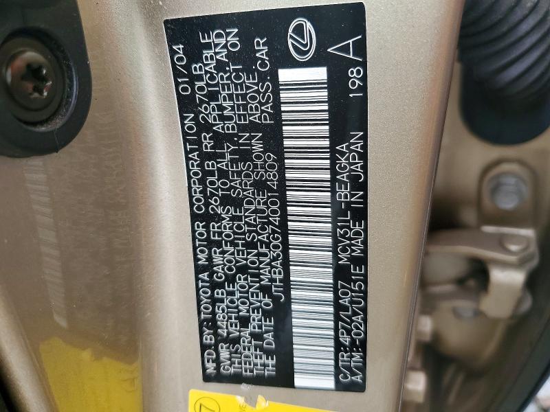 Продажа на аукционе авто 2004 Lexus Es 330, vin: JTHBA30G740014809, номер лота: 60773776