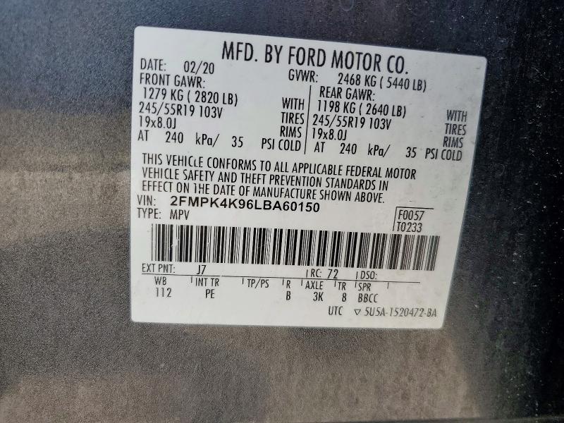 Aukcja sprzedaży 2020 Ford Edge, vin: 2FMPK4K96LBA60150, numer aukcji: 62024396
