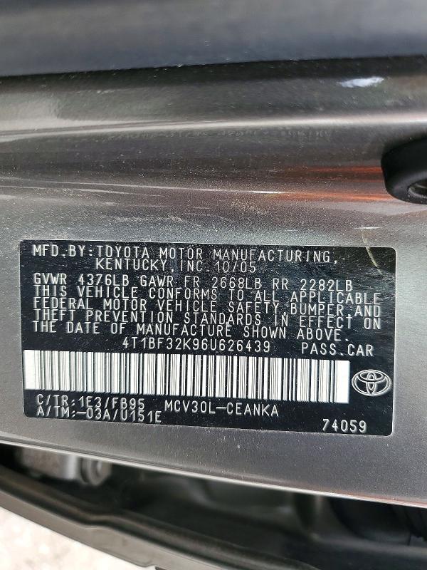 2006 Toyota Camry მანქანა იყიდება აუქციონზე, vin: 4T1BF32K96U626439, აუქციონის ნომერი: 59731096