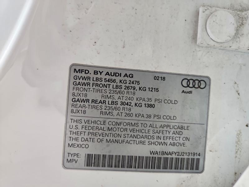 Продажа на аукционе авто 2018 Audi Q5, vin: WA1BNAFY2J2131914, номер лота: 62264686