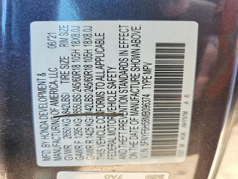 2021 Honda Pilot მანქანა იყიდება აუქციონზე, vin: 5FNYF6H58MB096374, აუქციონის ნომერი: 59840516