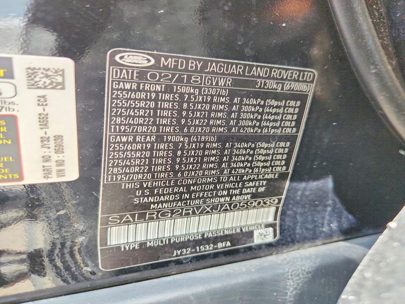 2018 Land Rover Discovery მანქანა იყიდება აუქციონზე, vin: SALRG2RVXJA059039, აუქციონის ნომერი: 59703446