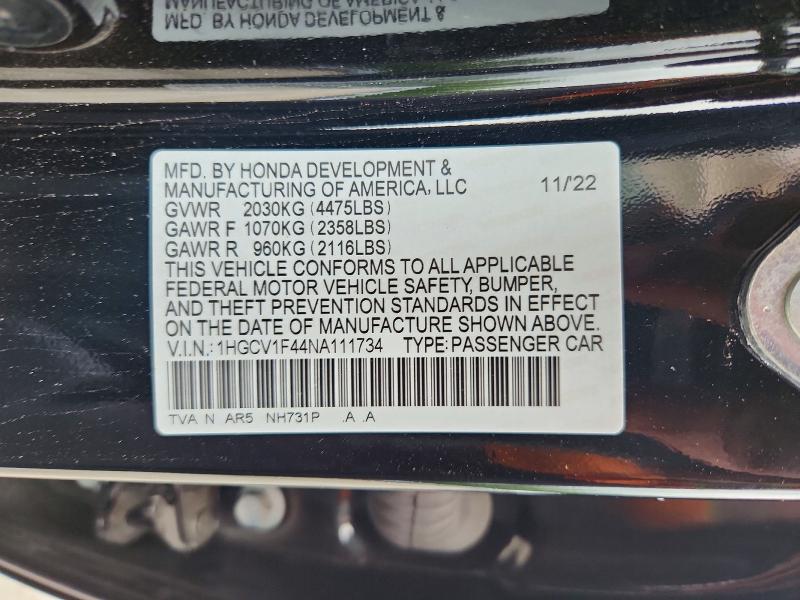 Продаж на аукціоні авто 2022 Honda Accord, vin: 1HGCV1F44NA111734, номер лоту: 63016386