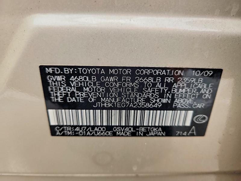 Aukcja sprzedaży 2010 Lexus Es, vin: JTHBK1EG7A2358649, numer aukcji: 60505266