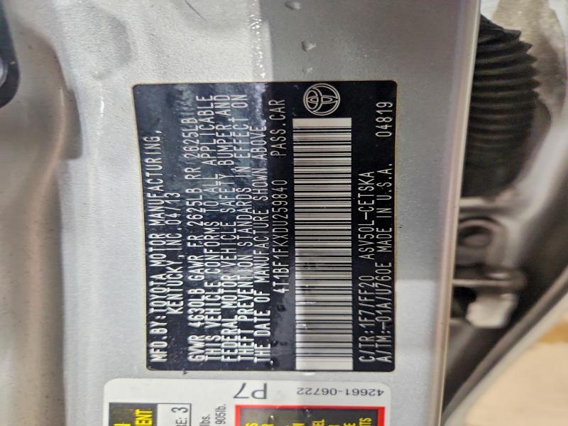 2013 Toyota Camry მანქანა იყიდება აუქციონზე, vin: 4T1BF1FKXDU259840, აუქციონის ნომერი: 60315006