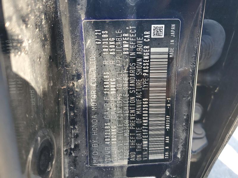 2022 Honda Civic მანქანა იყიდება აუქციონზე, vin: JHMFE1F74NX003969, აუქციონის ნომერი: 59805256