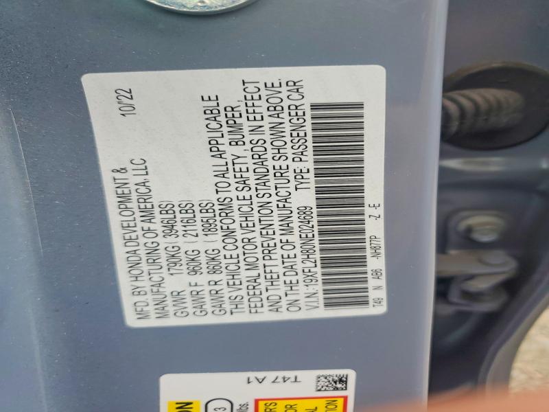 2022 Honda Civic მანქანა იყიდება აუქციონზე, vin: 19XFL2H80NE024689, აუქციონის ნომერი: 60032666