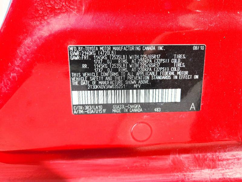 Aukcja sprzedaży 2010 Toyota Rav4, vin: 2T3DK4DV3AW035251, numer aukcji: 58591276
