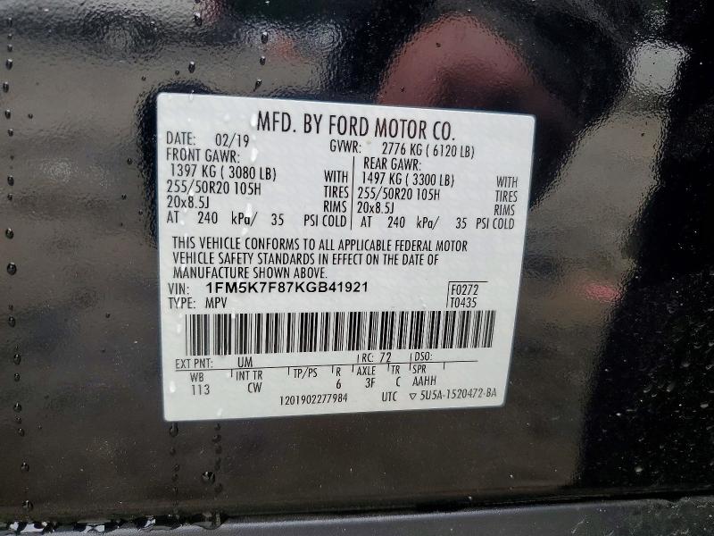 60954966 :رقم المزاد ، 1FM5K7F87KGB41921 vin ، 2019 Ford Explorer مزاد بيع