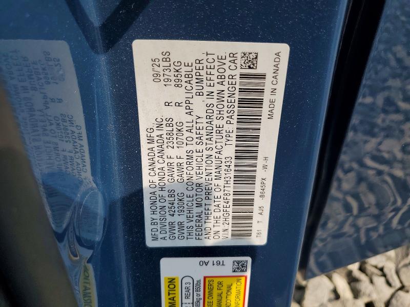 Aukcja sprzedaży 2026 Honda Civic, vin: 2HGFE4F87TH316433, numer aukcji: 61021306