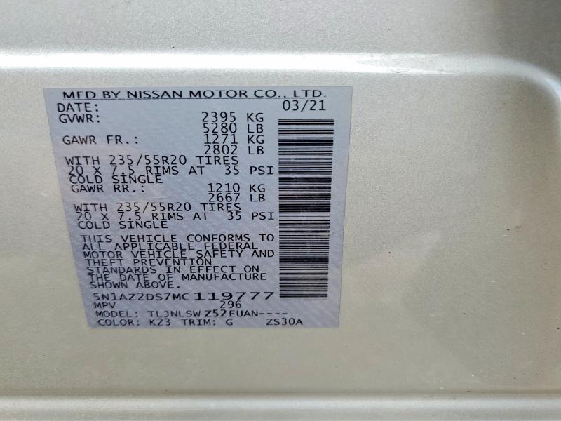 60027806 :رقم المزاد ، 5N1AZ2DS7MC119777 vin ، 2021 Nissan Murano مزاد بيع