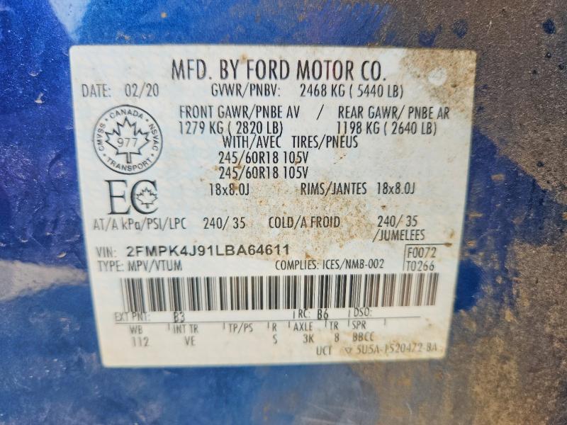 61049116 :رقم المزاد ، 2FMPK4J91LBA64611 vin ، 2020 Ford Edge مزاد بيع