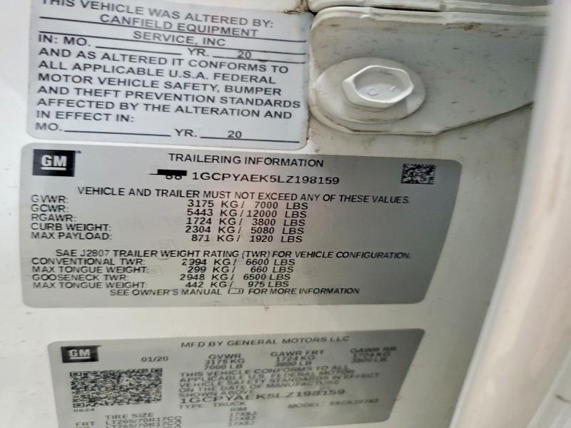 61985476 :رقم المزاد ، 1GCPYAEK5LZ198159 vin ، 2020 Chevrolet Silverado مزاد بيع
