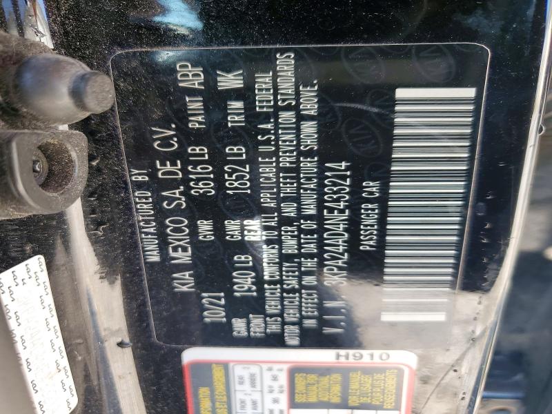 59329516 :رقم المزاد ، 3KPA24AD4NE433214 vin ، 2022 Kia Rio مزاد بيع