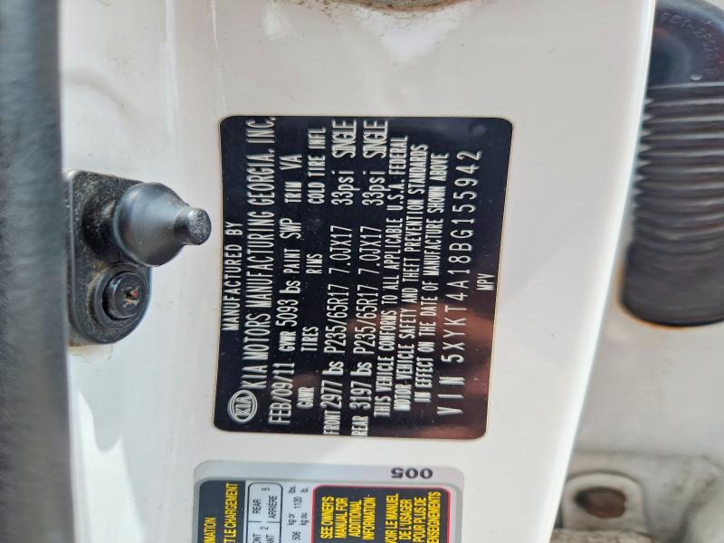 2011 Kia Sorento მანქანა იყიდება აუქციონზე, vin: 5XYKT4A18BG155942, აუქციონის ნომერი: 60038726