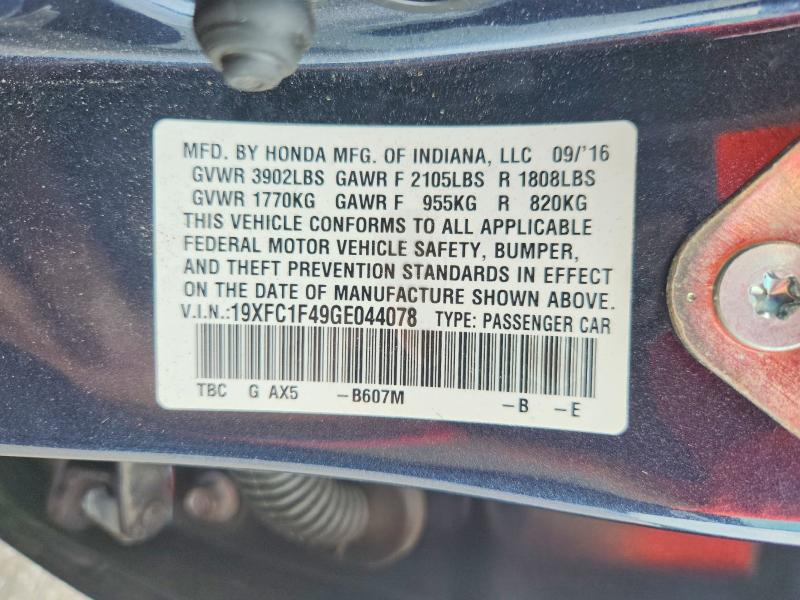 62576156 :رقم المزاد ، 19XFC1F49GE044078 vin ، 2016 Honda Civic مزاد بيع