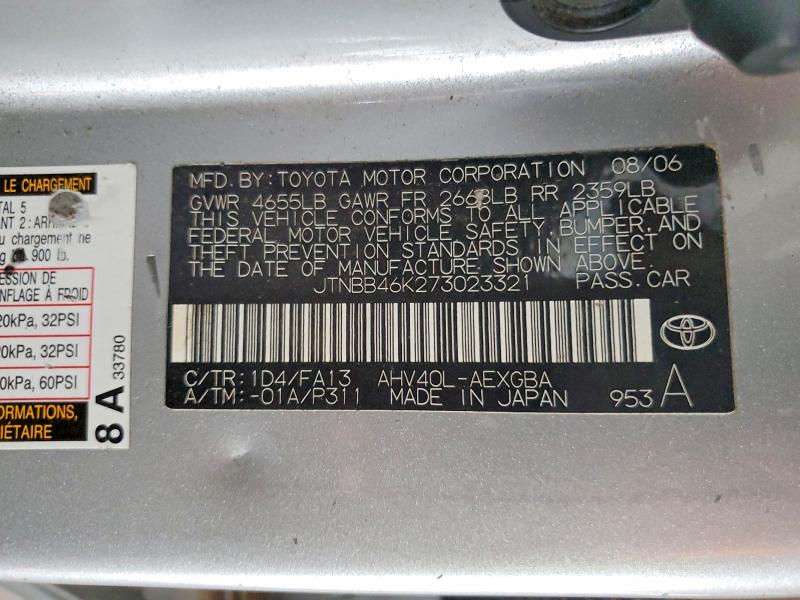Aukcja sprzedaży 2007 Toyota Camry, vin: JTNBB46K273023321, numer aukcji: 62600596