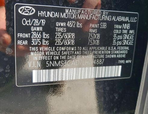 Aukcja sprzedaży 2020 Hyundai Santa Fe, vin: 5NMS3CAD7LH194887, numer aukcji: 60017576