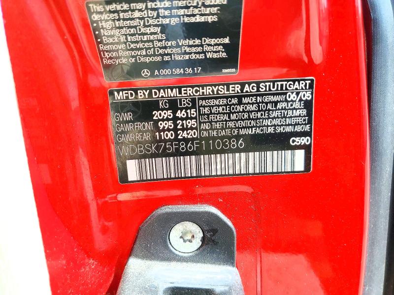 61937376 :رقم المزاد ، WDBSK75F86F110386 vin ، 2006 Mercedes-benz Sl مزاد بيع